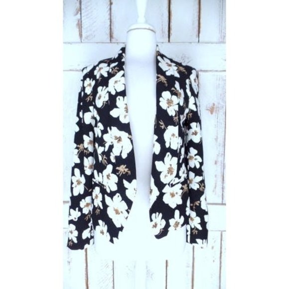 Vintage 90s black cream ivory white floral blazer jacket - Picture 2 of 5
